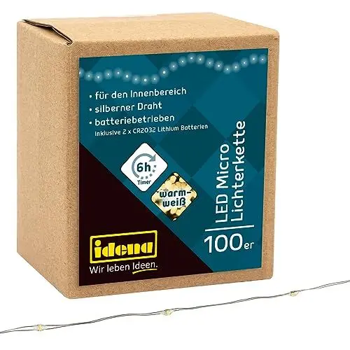 Produktbild: Idena 30185 - LED Micro Lichterkette mit 100 LED in warmweiß, mit 6 Stunden Timer Funktion, batteriebetrieben, ca. 10,2 m lang, für Partys, Weihnachten, Deko, Hochzeit, als Stimmungslicht