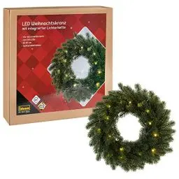 Produktbild: Idena 30260 - LED Weihnachtskranz mit Lichter-Kette und 20 LED in Warmweiß, 6 Stunden Timer-Funktion, batteriebetrieben, als Tür- und Tisch-Dekoration zur Adventszeit und zu Weihnachten