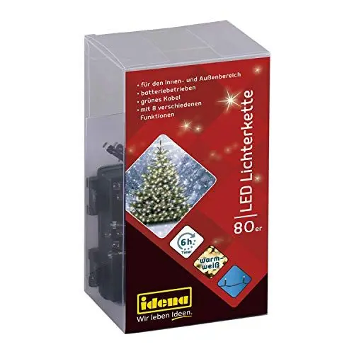 Produktbild: Idena 30438 - LED Lichterkette mit 80 LED in warmweiß, 8 Lichtfunktionen, 6 Stunden Timer Funktion, batteriebetrieben, ca. 6,5 m lang, Innen- und Außenbereich, für Partys, Weihnachten, Deko