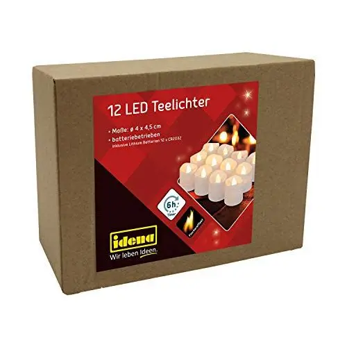 Produktbild: Idena 30469 - LED Teelichter, 12 Stück, elektrische Kerzen mit flackerndem Licht, inklusive Batterien, 6 Stunden Timer Funktion, Höhe ca. 4,5 cm, Deko für Hochzeit, Party, als Stimmungslicht
