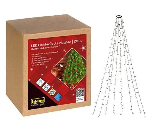 Produktbild: Idena 31040 - NewTec LED Lichterkette für Außen & Innen mit 200 LED in Warmweiß, Weihnachtsbaum-Überwurf mit 8 Strängen, 8 Lichteinstellungen, Netzteil und 8 Stunden Timer Funktion
