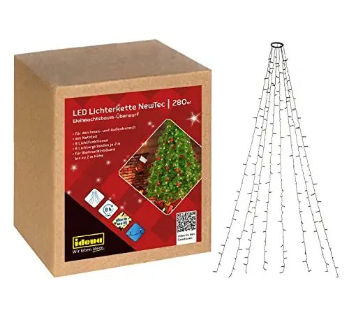 Produktbild: Idena 31108 - LED Lichterkette mit 280 LEDs in Warmweiß, NewTec Weihnachtsbaum-Überwurf mit 8 Lichteinstellungen und Timer, 8 Strängen ca. 2,1 m lang, Deko für Innen & Außen, als Weihnachtsdeko
