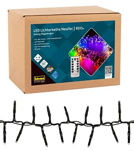 Produktbild: Idena 31109 - NewTec LED Lichterkette für Außen & Innen mit 800 LED, Beleuchtung in Regenbogen-Farben mit 8 Lichteinstellungen, Dimmer, Netzteil und 8 Stunden Timer Funktion