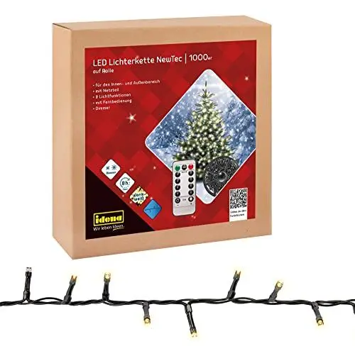 Produktbild: Idena 31115 - LED Lichterkette mit 1000 LEDs in Warmweiß, 8 Stunden Timer Funktion, Dimmer und Memory, mit Kabelaufroller, ca. 35 m lang, zum Basteln, als Party Deko, Weihnachtsdeko, zur Hochzeit