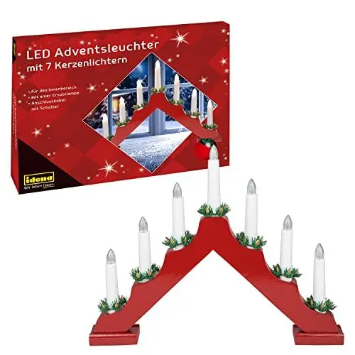 Produktbild: Idena 31604 - LED Adventsleuchter aus rot lackiertem Holz mit 7 warmweißen LED Kerzenlichtern, Schwibbogen mit Ersatzlampe und Schalter, Weihnachtsdeko für den Innenbereich