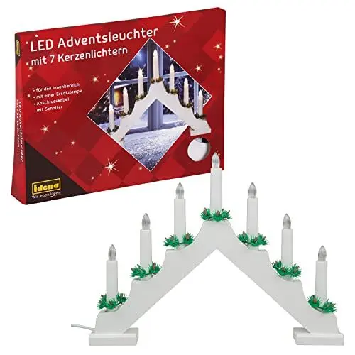 Produktbild: Idena 31837 - LED Adventsleuchter aus weiß lackiertem Holz mit 7 warmweißen LED Kerzenlichtern, Schwibbogen mit Ersatzlampe und Schalter, Weihnachtsdeko für den Innenbereich