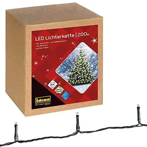 Produktbild: Idena 31869 - LED Lichterkette mit 200 LEDs in Warmweiß, mit 8 Stunden Timer Funktion und Transformator, ca. 29,9 m lang, Deko für Innen & Außen, als Party Deko, Weihnachtsdeko, zur Hochzeit