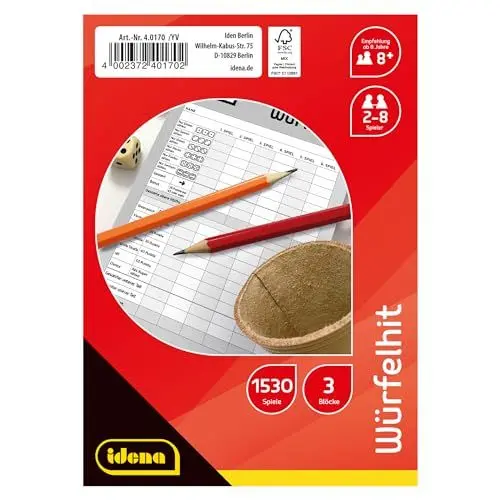Produktbild: Idena 40170 - Würfelhit, 3 Spielblöcke mit je 85 Blatt für 1530 Spiele, Größe ca. 10,5 x 15 cm, beliebter Spieleklassiker für die Wohnung, Garten und auf Reisen
