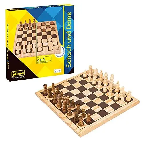 Produktbild: Idena 40174 - Spieleklassiker Schach und Dame 2-in-1, mit Spielbrett, 32 Schachfiguren und 24 flachen Steinen, für spannende Spielabende mit Freunden und Familie