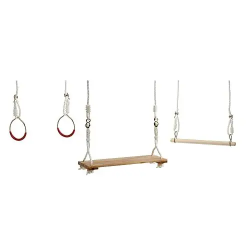 Produktbild: Idena 40193 - Turnschaukelset aus Holz mit Brettschaukel, Trapez und Ringen, für Kinder ab 3 Jahren, mit verstellbaren Halteseilen und Stahlringen, Tragkraft bis 50 kg