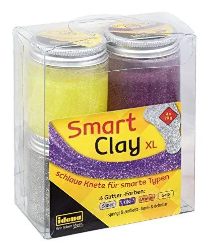 Produktbild: Idena 40277 - Smart Clay, schlaue Knete mit spannenden Eigenschaften in luftdichten Bechern, 4er Set mit je ca. 70 g in glitzernden Farben, gelb, orange, lila und silber