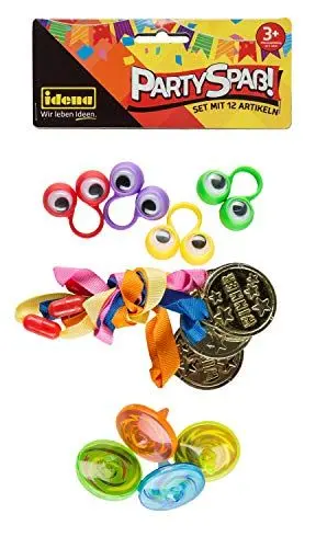 Produktbild: Idena 40439 - Partyspaß Set mit 12 Artikel, 4 Kreisel, 4 Gold Medaillen und 4 Fingerringe Wackelaugen, in trendigen Farben