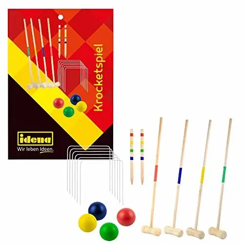 Produktbild: Idena 40609 - Krocketspiel aus Holz mit Schlägern, Bällen, Metalltoren und Zielmarkierungsstäben, im praktischen Tragenetz, unterhaltsames Freizeitspiel für den Garten und Park