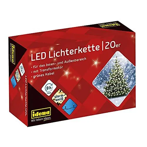 Produktbild: Idena 8325052 - LED Lichterkette mit 20 LEDs in Warmweiß, mit 8 Stunden Timer Funktion und Transformator, ca. 3,9 m lang, Deko für Innen & Außen, als Party Deko, Weihnachtsdeko, zur Hochzeit