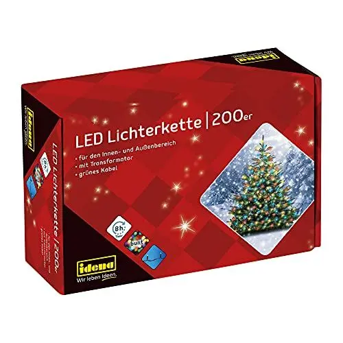 Produktbild: Idena 8325068 - LED Lichterkette mit 200 LED bunt, mit 8 Stunden Timer Funktion und Transformator, ca. 27,9 m lang, für den Innen- und Außenbereich, als Deko für Partys, Weihnachten, Hochzeit, 27,90 m