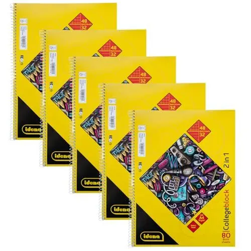 Produktbild: Idena 90212-5 Stück Collegeblock 2in1 mit je 48 Blatt kariert und 32 Blatt liniert in DIN A4, Block mit Spiralbindung, 80 Blatt mit 70 g/m², 4-fach gelocht und perforiert