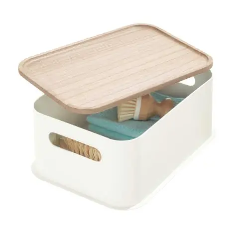 Produktbild: iDesign Aufbewahrungsbox, mittelgroße Aufbewahrungskiste mit Griffen aus BPA-freiem, recyceltem Kunststoff, Organizer Behälter mit Deckel aus Paulownia-Holz, weiß, Polypropylen,13,6x21,6x30,5cm, 08611