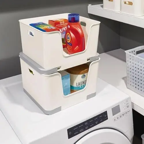 Produktbild: iDesign Aufbewahrungsbox, stapelbare Aufbewahrungskiste für vielfältigen Einsatz, Organizer Kunststoffbox mit ausziehbarem Bodenaus BPA-freiem, recyceltem Kunststoff, weiß/grau