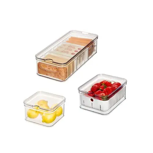 Produktbild: iDesign Aufbewahrungsboxen, Kühlschrank Organizer mit Deckel im 3er Set, Frischhaltedosen aus recyceltem Kunststoff für die Vorrats-Organisation, durchsichtig und weiß