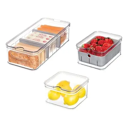 Produktbild: iDesign Aufbewahrungsboxen, Kühlschrank Organizer mit Deckel im 5er Set, Frischhaltedosen aus recyceltem Kunststoff für die Vorrats-Organisation, durchsichtig und weiß