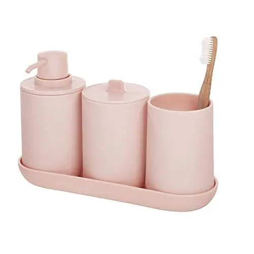 Produktbild: iDesign Badezimmer Set, vierteilige Badgarnitur mit Seifenspender, Zahnbürstenhalter, Wattepadspender und Tablett aus Kunststoff, Badaccessoires für den Waschtisch, rosa, 24,5 cm x 8,9 cm x 16,2 cm