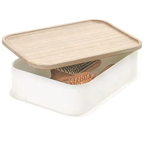 Produktbild: iDesign Eco Schubladenbox, mittelgroße Regalbox aus BPA-freiem, recyceltem Kunststoff, Schubladen Organizer Box mit Deckel aus Paulownia-Holz, weiß, 8,7 x 21,6 x 30,5 cm, 08541