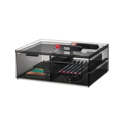 Produktbild: iDesign Make-up Organizer, Schmink Aufbewahrung mit 3 Schubladen aus der Signature Series by Sarah Tanno, Mini Kommode mit Schubladen aus Kunststoff für Make-up und Tools, Grau