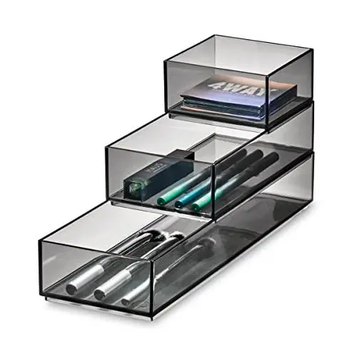 Produktbild: iDesign Make-up Organizer, Stack and Slide Schmink Aufbewahrung für den Schminktisch oder Schubladen, Schubladen Ordnungssystem aus Kunststoff, Grau, 30.25/9.93/5.08