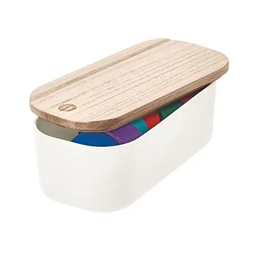 Produktbild: iDesign Schubladenbox, kompakte Regalbox aus BPA-freiem, recyceltem Kunststoff, Schubladen Organizer Box mit Deckel aus Paulownia-Holz, weiß, 7,3 x 9,1 x 18,5 cm, 08051