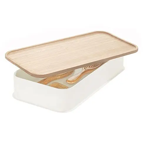Produktbild: iDesign Schubladenbox, mittelgroße Regalbox aus BPA-freiem, recyceltem Kunststoff, Schubladen Organizer Box mit Deckel aus Paulownia-Holz, weiß, 8,7 x 21,6 x 43,2 cm, 08641