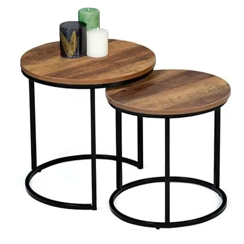 Produktbild: IDMarket Hawkins Couchtisch, rund, 40/45 cm, dunkles Holz, industrielles Design, 2 Stück