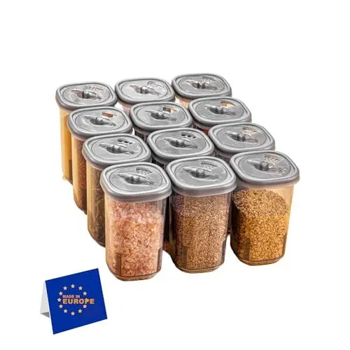 Produktbild: IDOBY 12er Set Gewürzbox aus Kunststoff, Transparente Gewürzdose, BPA-Freiem Kunststoff Camping Gewürzbox, Küche Salz- und Pfefferstreuer Gewürzdosen für Aufbewahrung Gewürze (Platin)