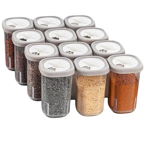 Produktbild: IDOBY 12er Set Gewürzbox aus Kunststoff, Transparente Gewürzdose, BPA-Freiem Kunststoff Camping Gewürzbox, Küche Salz- und Pfefferstreuer Gewürzdosen für Aufbewahrung Gewürze (transparente)