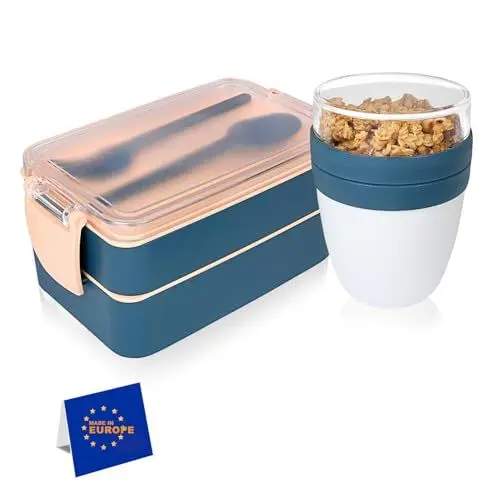 Produktbild: IDOBY® Lunchbox Erwachsene, Auslaufsicher Brotdose (400+500) ml & 650ml Müslibecher -Bento Box To Go, Besteck, Jausenbox für Mikrowellen Und SpüLmaschinen, Schule, Arbeit, BPA Frei (Navy Blau)