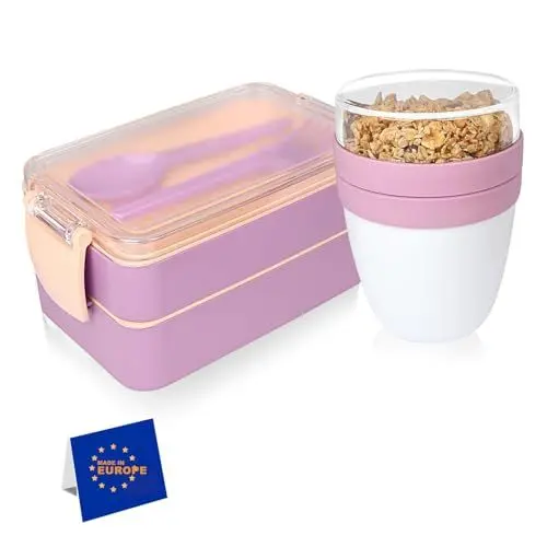Produktbild: IDOBY® Lunchbox Erwachsene, Auslaufsicher Brotdose (400+500) ml & 650ml Müslibecher -Bento Box To Go, Besteck, Jausenbox für Mikrowellen Und SpüLmaschinen, Schule, Arbeit, BPA Frei (Rosa)