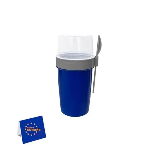 Produktbild: IDOBY Müslibecher to Go mit Löffel & Gabel 700 ML,%100 BPA-FREI Praktischer Joghurtbecher to Go, Wiederverwendbarer Müsli to Go Becher zum Frühstück, Perfekt für Schule und Büro (NAVY BLAU)
