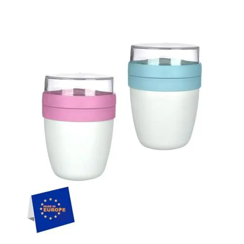 Produktbild: IDOBY Müslibecher to go 2er-Set - praktischer Joghurtbecher - Unterteilung für Joghurt & Müsli - Geeignet für Gefrierschrank, Mikrowelle & Spülmaschine - 500 ml + 150 ml (2er-Pack Rosa-Türkis)