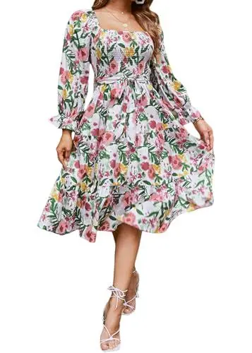 Produktbild: IDOPIP Blume Freizeitkleid Damen Langarm Boho Kleid Frühling Sommer Herbst Winter Sexy Strandkleid Rüsche Partykleid Elegant für Hochzeit Hohe Taille Casual Midikleid Dresses for Women Blume-rot XL
