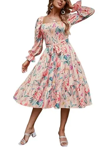 Produktbild: IDOPIP Blume Freizeitkleid Damen Langarm Boho Kleid Frühling Sommer Herbst Winter Sexy Strandkleid Rüsche Partykleid Elegant für Hochzeit Hohe Taille Casual Midikleid Dresses for Women rosa XXL