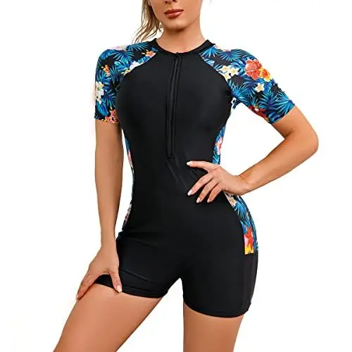 Produktbild: IDOPIP Damen Badeanzug UPF50+ Surfanzug Kurzarm Neoprenanzug Reißverschluss vorne Einteilige Blume Bademode Swimsuit Sport Sommer Schwarz L