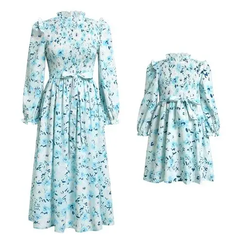Produktbild: IDOPIP Mama und ich Kleider Boho Freizeitkleid Mutter Tochter Maxikleid Langarm Strandkleid Frauen Mädchen Herbstkleid Winter Familie Passendes Outfit Mommy and me Dress blau 7-8 Jahre