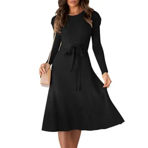 Produktbild: IDOPIP Strickkleid Damen Herbst Pulloverkleid Winterkleid Abendkleider Elegant Kleid mit Gürtel Langarm A-Linie Sweater Tunika Strickpullover Dresses for Women Für Party Freizeit Cocktail schwarz XXL