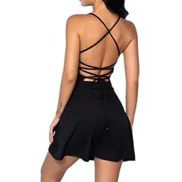 Produktbild: IDOPIP Tenniskleid für Damen mit integriertem BH und Shorts mit Taschen Sexy Schnürung Rückenfreies Golf Athletic Sportkleider Ärmelloses Sommer-Minikleid in A-Linie Schwarz L