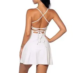 Produktbild: IDOPIP Tenniskleid für Damen mit integriertem BH und Shorts mit Taschen Sexy Schnürung Rückenfreies Golf Athletic Sportkleider Ärmelloses Sommer-Minikleid in A-Linie Weiß S