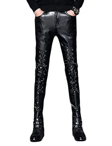 Produktbild: Idopy Herren Schwarz Slim Fit Weiche PU Kunstleder Bikerhosen Lace Up Hose