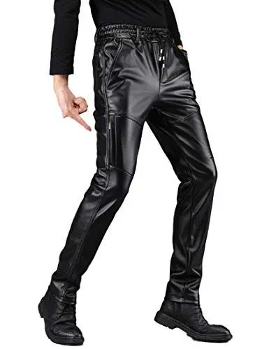 Produktbild: Idopy Men`s Elastic Waist Drawstring Kunstleder Hose Jogger mit seitlicher Reißverschlusstasche
