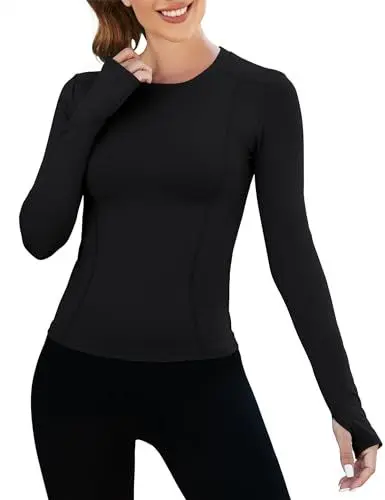 Produktbild: IECCP Sportshirt Damen Langarm Sport Oberteile Laufshirt Funktionsshirt Fitness Gym Yoga Top mit Daumenlöcher Schwarz XS