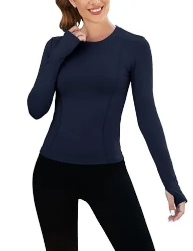 Produktbild: IECCP Damen Langarmshirt Sport Laufshirt Sportoberteil Longsleeve Running Top Baselayer Langarm Yoga Shirt Fitness Trainingsjacke mit Daumenlöchern Blau M