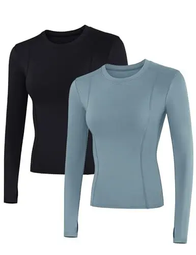 Produktbild: IECCP Damen Laufjacke Oberteil Langarm Gym Tops Yoga Fitness Shirt Atmungsaktive Oberteil Leicht Trainingsjacke mit Daumenloch 2er Pack Schwarz und Grau Blau M