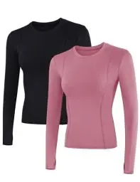 Produktbild: IECCP G Gym Tops Damen Sport Tshirts Langarm Laufshirts Yoga Crop Top Fitness Sportshirt Leicht Workout Oberteil mit Daumenloch 2er Pack Schwarz und Grau Rose L